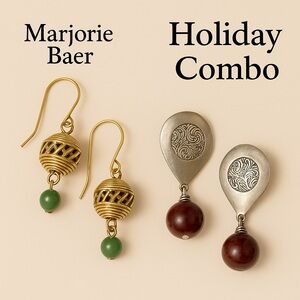 Holiday Earrings Marjorie Baer Silver Red Bead & Gold Filigree Green Stone Pair